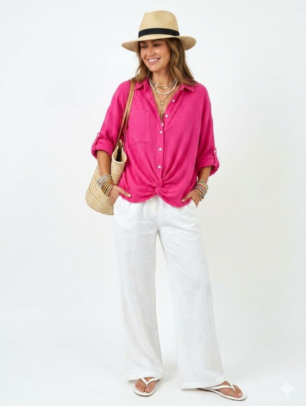 NEW 100% Cotton BiBi Boutique Oversized Button-Front Twist-Hem Blouse
